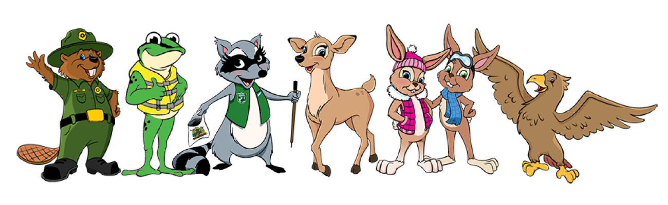 Anthropomorphic graphic depictions of the Washington State Parks mascots, from left to right a beaver named Bagley in a ranger uniform waving his hand, a frog named Lewis in a yellow life jacket giving a thumbs up, a raccoon named Belle wearing a volunteer vest and holding a trash bag and a stick, a light brown deer named Ruth, two snowshoe hares named Matilda and Blake wearing winter recreation gear and a red-tailed hawk named Wallace.