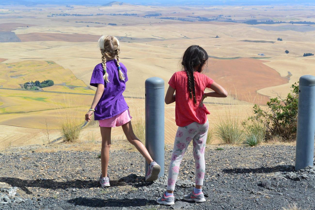 Two childrens face away admiring the view from Steptoe Butte