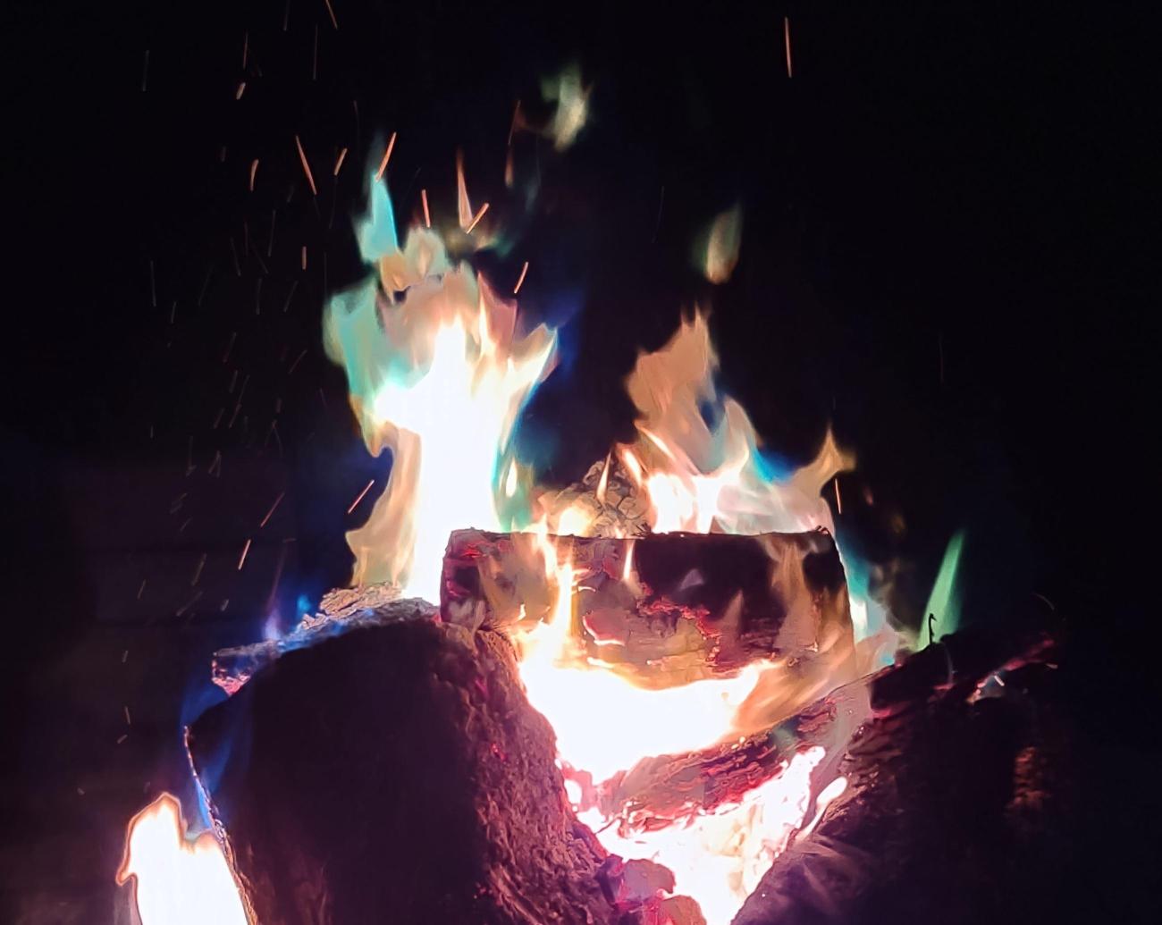 A colorful campfire closeup