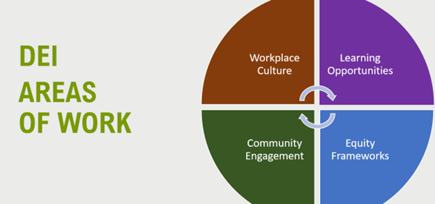 Image above shows a diagram with four components of DEI work: Workplace Culture, Learning Opportunity, Community Engagement and Equity Frameworks. These four components have arrows connecting them to indicate that these components inform one another, and that the work is relational and iterative in nature.