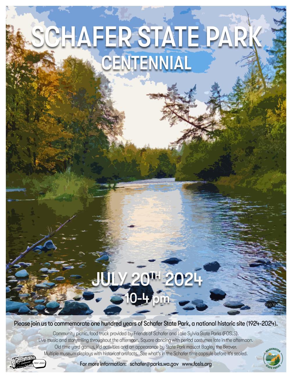A poster announcing the Centennial Commemoration for Schafer State Park with a river on it.