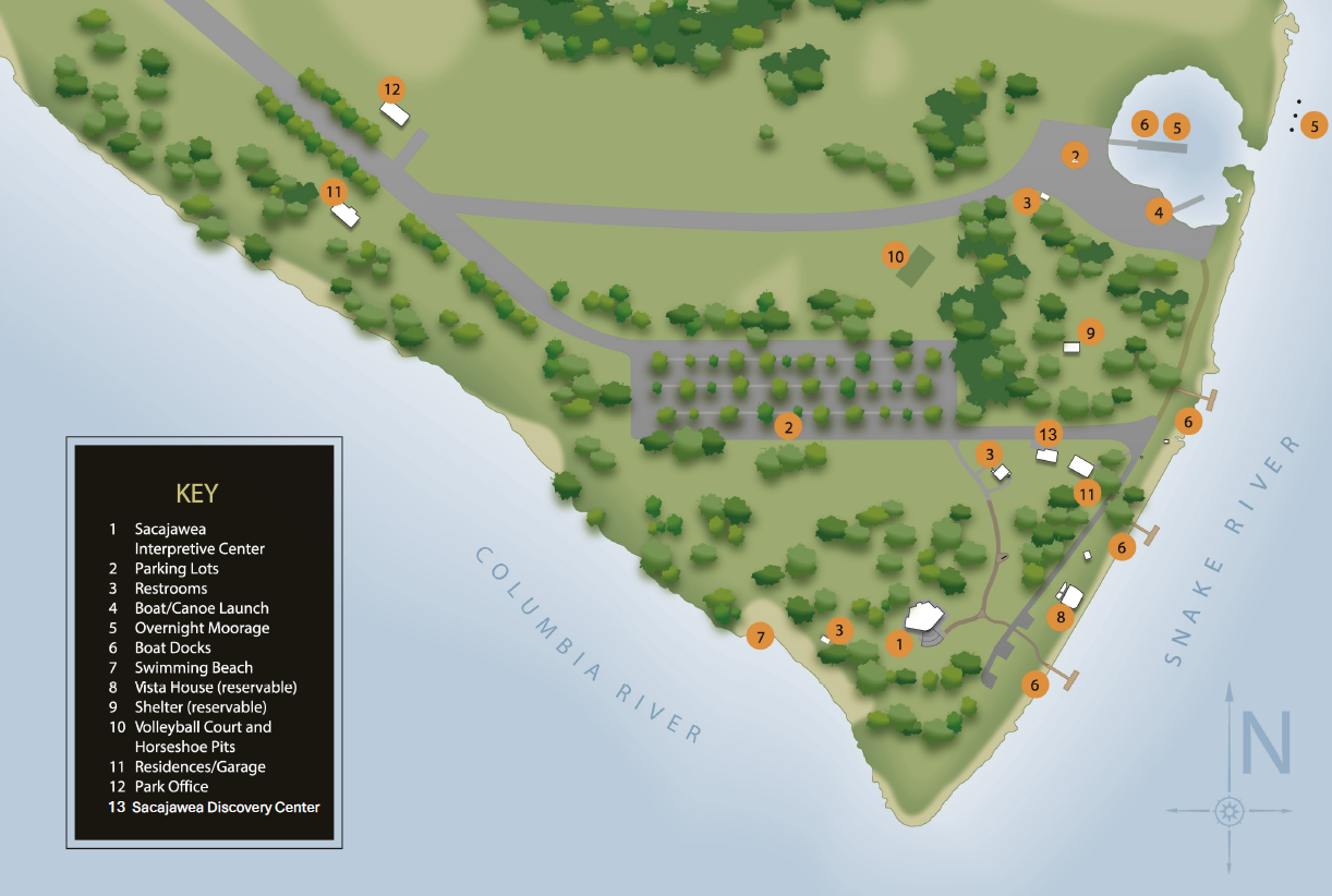 map showing facility locations of sacajawea state park
