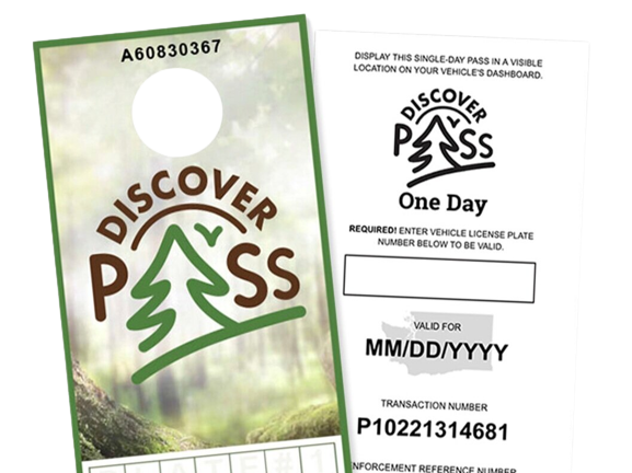 Front and back image of a discover pass window hanger.