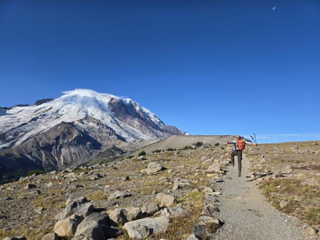 Man with hiking poles skips down a trail on a sunny day at Mt. Rainier National Park. There is a large mountain in front of him.