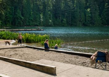 Children and a dog enjoying the swimming area at Battle Ground Lake State Park. 