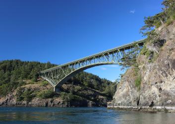 Deception Pass Bridge between two islands on a sunny day