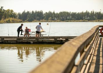 A group of people fishing from a dock.