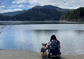Dog and human enjoying Lake Easton view