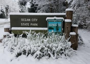 Ocean City State Park entrance sign, covered in snow, icy plants in background.