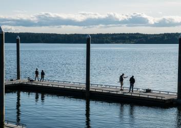 Four people fish from a dock.