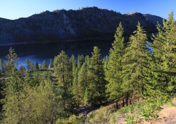 view of deep blue lake below forested hillside