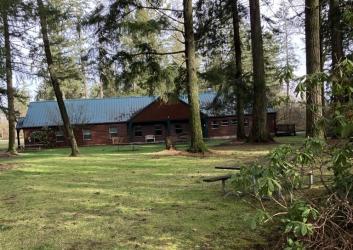 large log house lodge with a green roof and grassy front yard