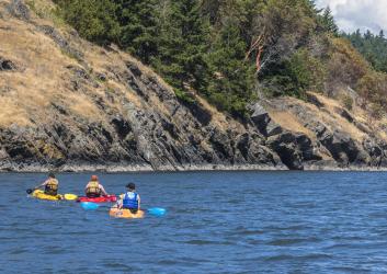 Three paddlers in red, orange and yellow sit-on kayaks paddle offshore of sandstone and treed land