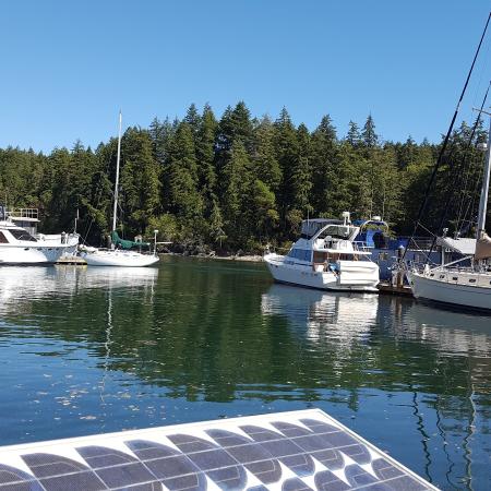 Boats floating on the bluegreen smooth water of the cove with boats moored on both sides of the cove