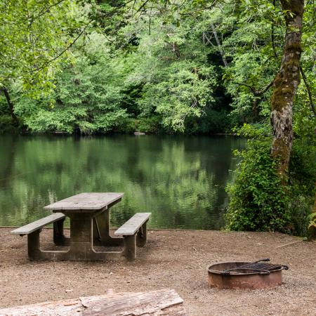 picnic area next to clear placid water of the lake