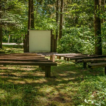 Lewis & Clark Amphitheatre bench seating in heavily wooded spot
