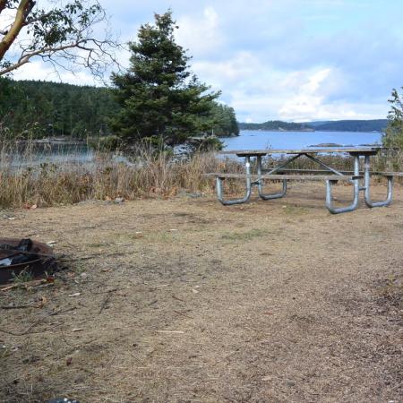 A campsite at Blind Island State Park, an island in the San Juans. The camping spot is dirt and dry weeks with one firepit and a picnic table. In the background are views of the water and surrounding islands.