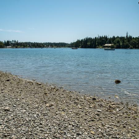 A beach with small rocks leads to the blue water, boats are scattered in the water. Treed hillsides and a blue sky sit in the background.