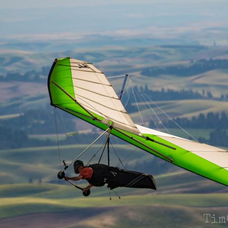 Hang gliding over landscape.