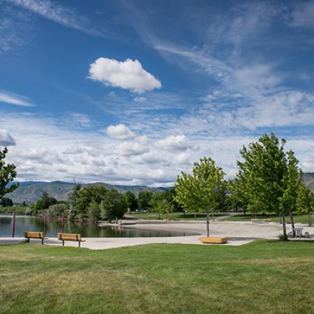 A wide shot of a brilliant blue sky with fluffy white clouds over a lawn, dotted with trees edging up against a sandy river shoreline. Low hills rise in the distance.