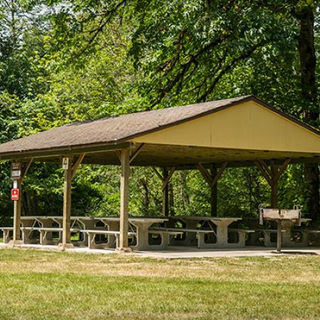 An open kitchen shelter full of picnic tables with trees in the background