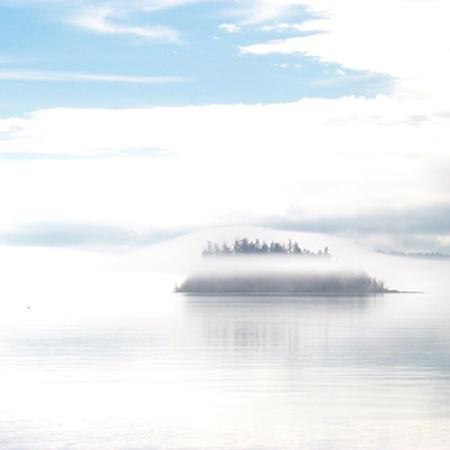 A small island dotted with pines and shrouded in mist sits atop glassy ocean water under a pale blue sky.