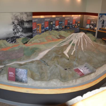Large Painted 3-D relief of Mount St Helens landscape after eruption with stairs leading underneth