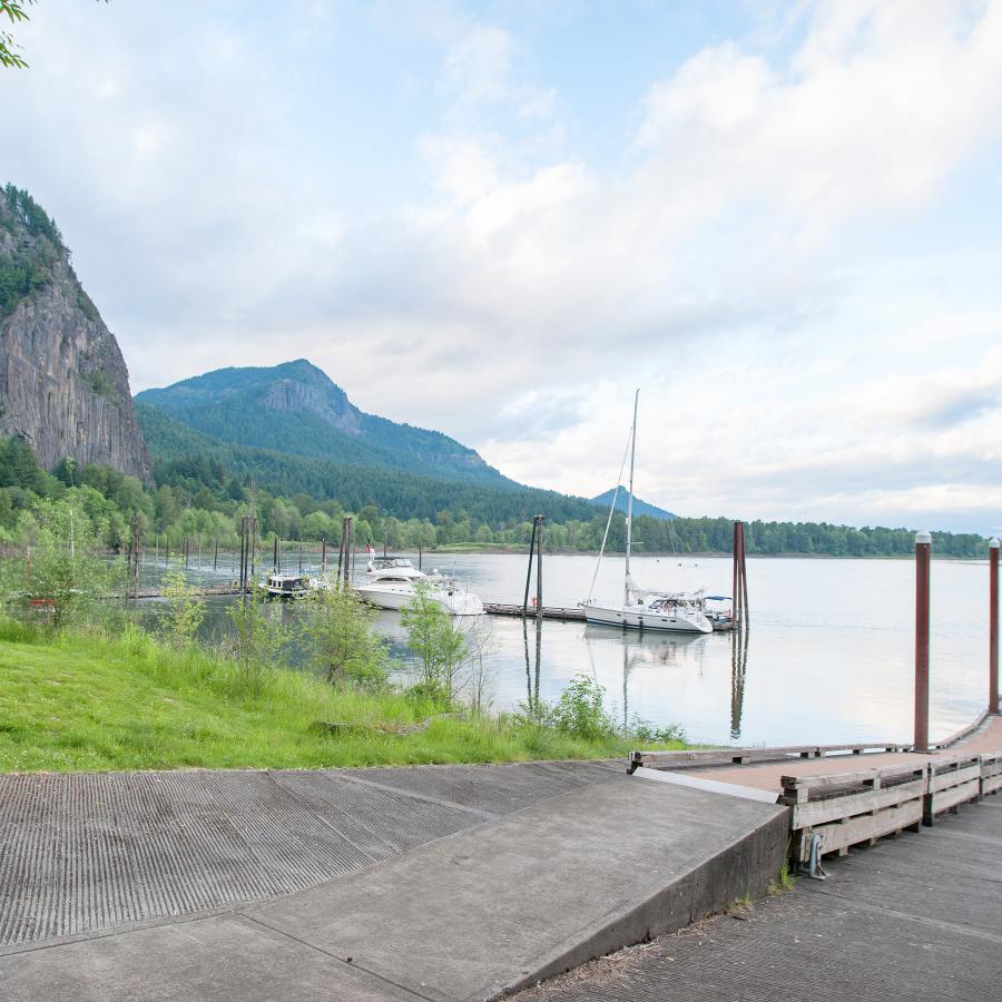 Three moored boats at the boat launch of Beacon Rock State Park.
