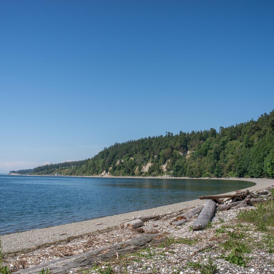 Cama Beach: Photo is taken beachside with the hill and sky in view.