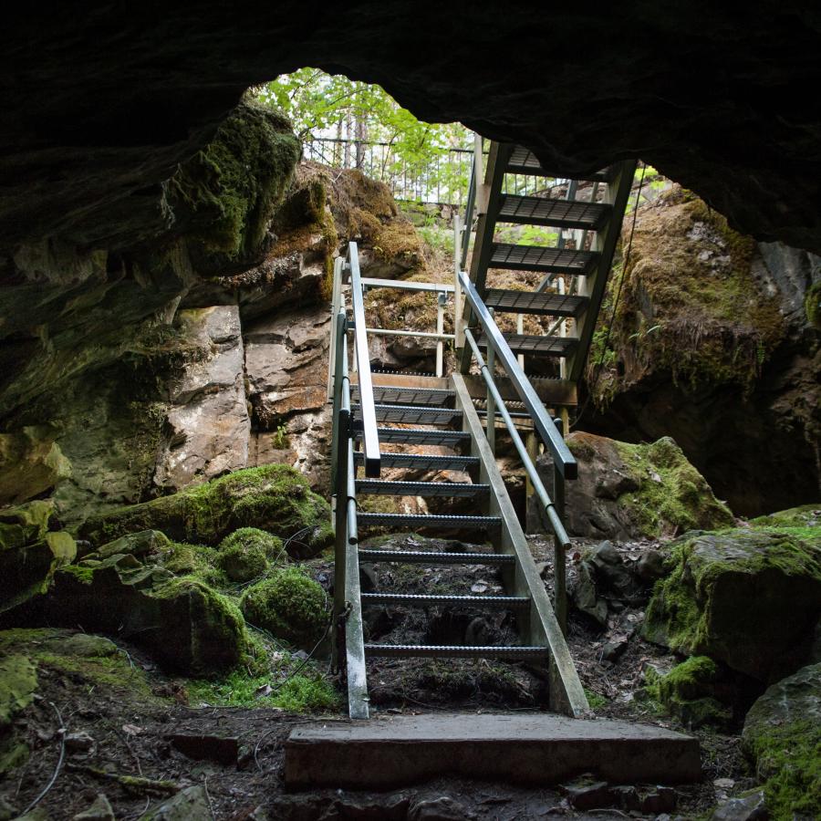 A metal staircase leads the way down into the cave with moss covered rocks at the bottom.