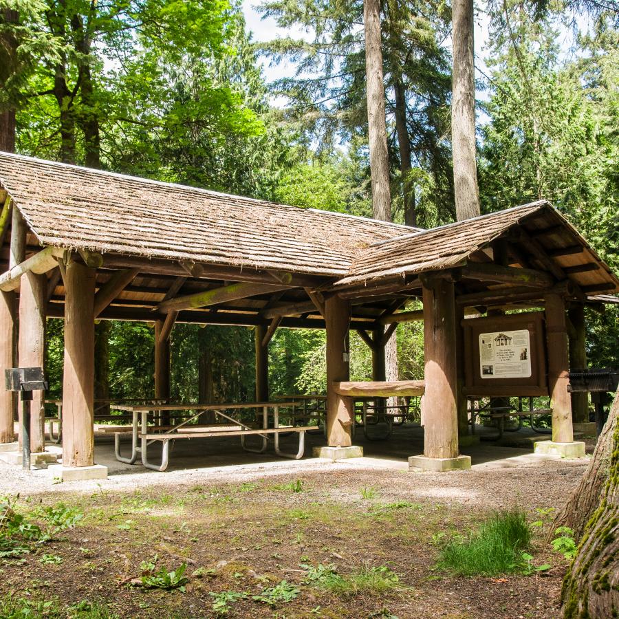 Illahee State Park picnic shelter in forest with trees outdoors