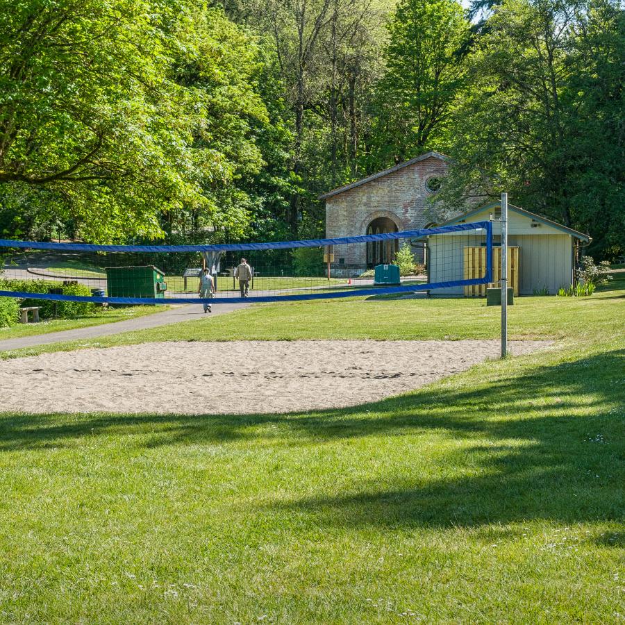 picnic area, volleyball, forest, grass lawns, restrooms