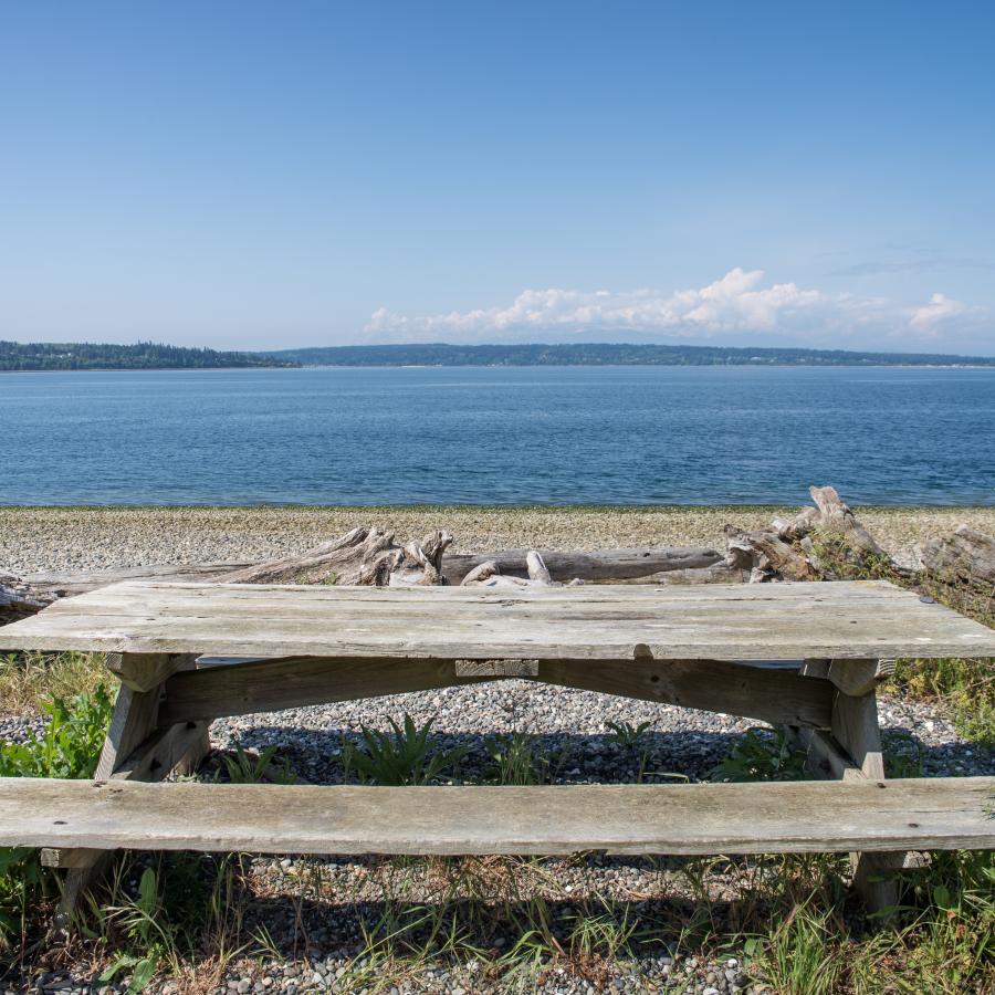 Picnic table next to the rocky beach at Camano Island State Park. Driftwood is visible in the background. 