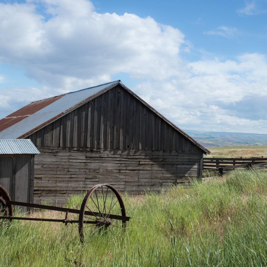rustic old barn with wagon wheel axel left outside in wind blown grassy meadow