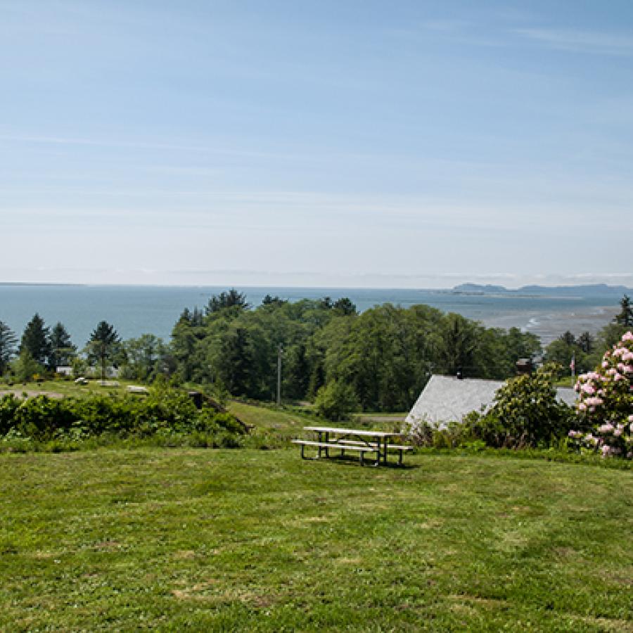 Large grass field with flower bushes, and a view of the ocean at Fort Columbia State Park.