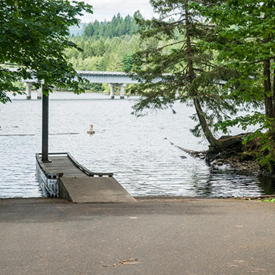 Boat Launch with walk surrounded by large trees