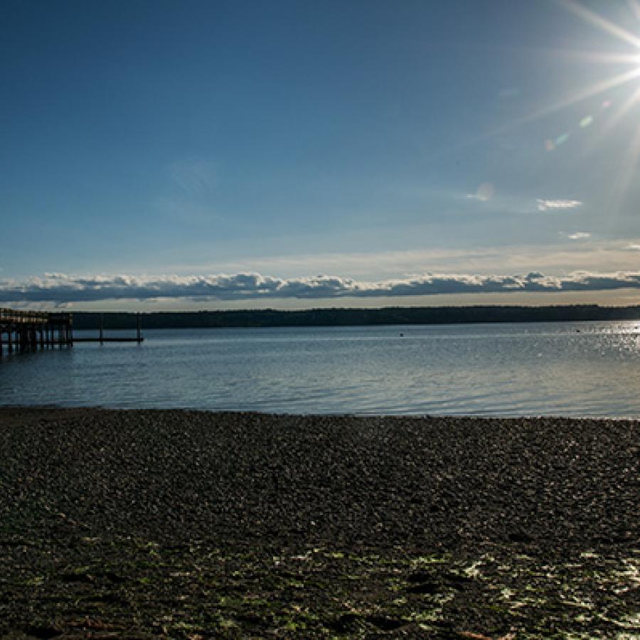 The evening sun glistening on the water at Joemma Beach.