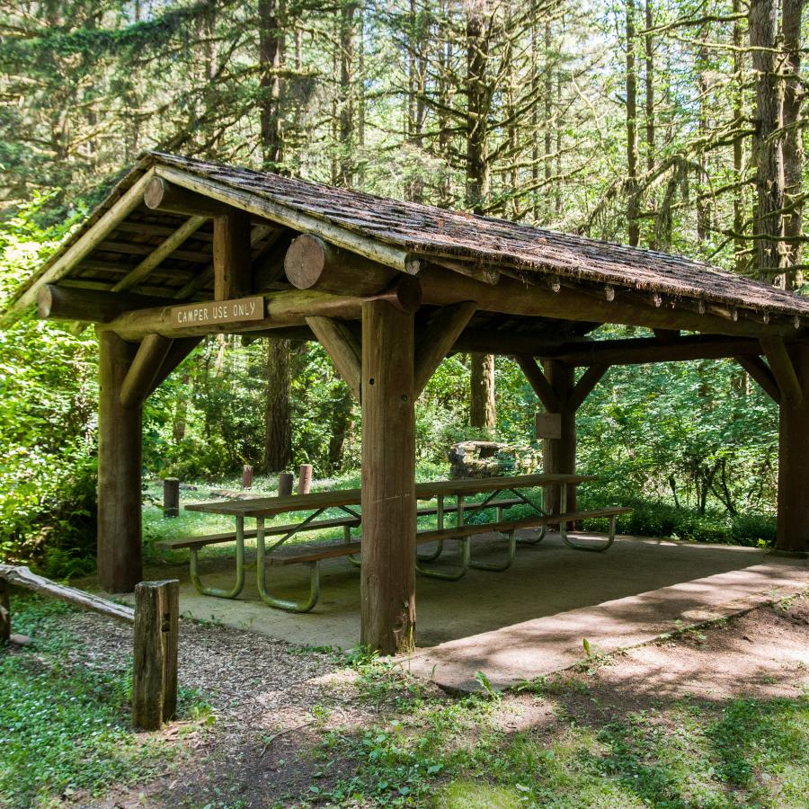 Lewis & Clark timber construction picnic shelter with picnic tables and concrete pad surrounded by forest
