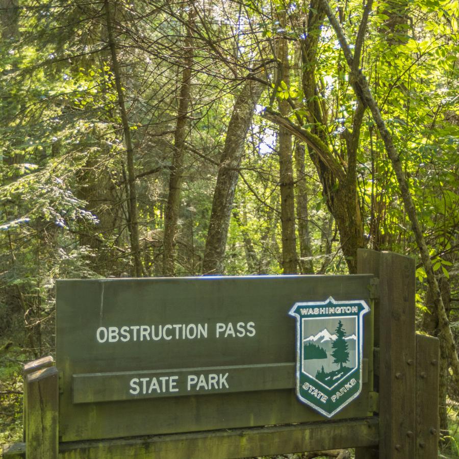 Obstruction Pass Entrance Sign set against a forested background with deciduous trees that have their leaves. 