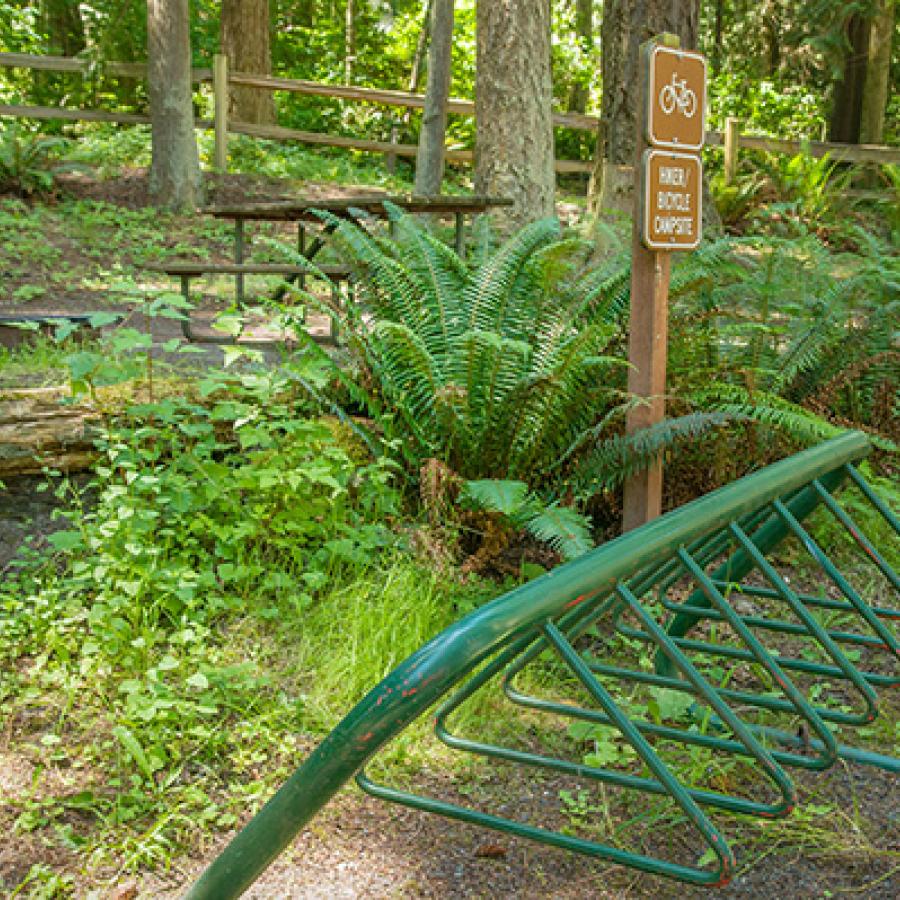 A green bike rack near the primitive campsites at Sequim Bay.