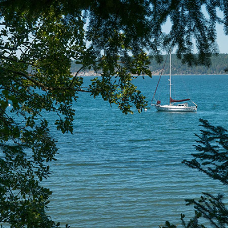 View of a boat in Sequim Bay. 