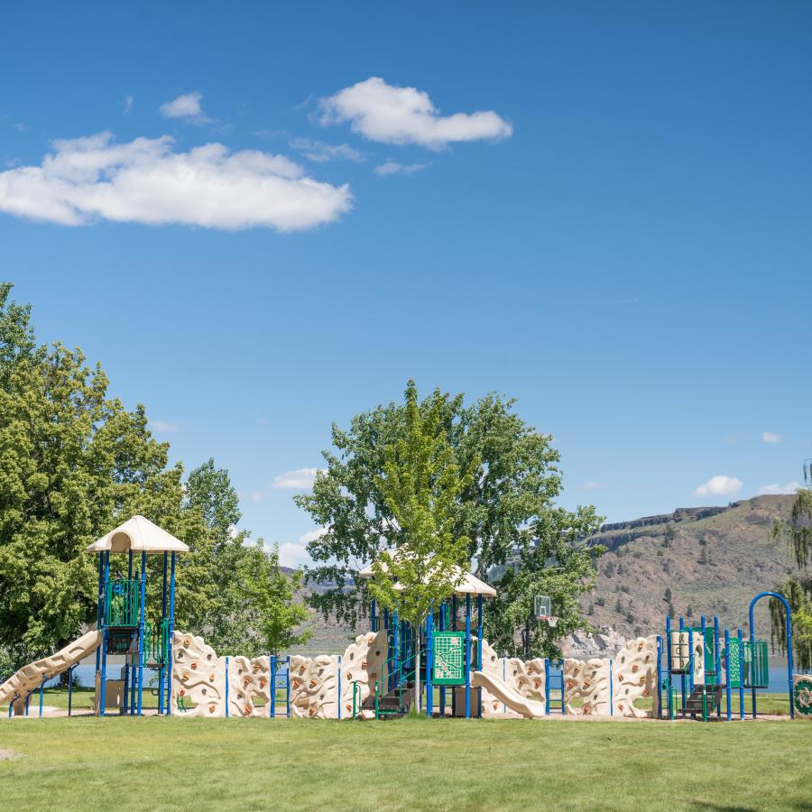 Children's playground with tall trees and blue sky in the background