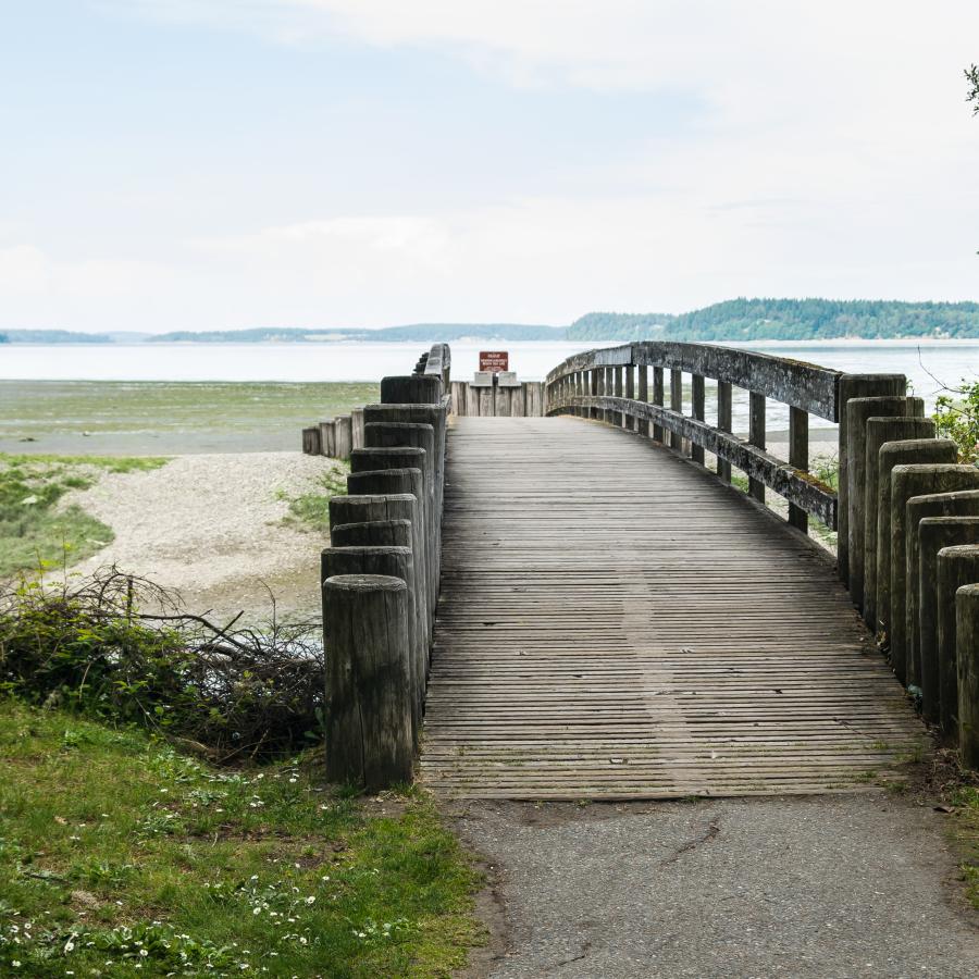 Greying-brown wooden bridge connecting  a path down to the rocky beach. Some green plants are visible in the water and in the background more forested landmasses are visible. 