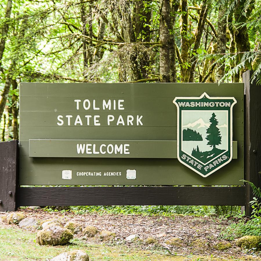 Tomie State Park welcome sign. Sign is greenish-brown with chocolate brown framing. Sign is wooden and surrounded by lush, green trees. 