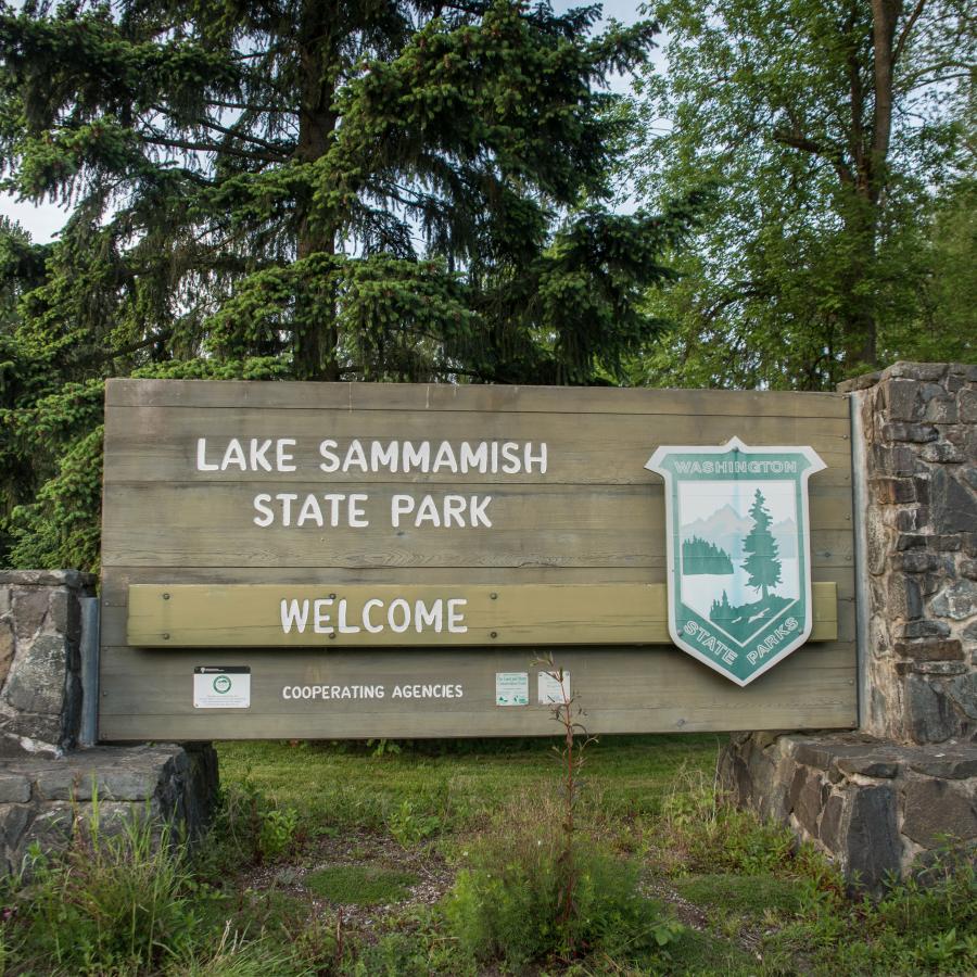 Entrance sign at Lake Sammamish State Park. Features the pre-2023 logo, the name of the park, the words "welcome" and "cooperating agencies" with accompanying identifiers for the cooperating agencies. These small signs are however unreadable. In the background lush, green leaved trees, evergreens, and grass are visible. 