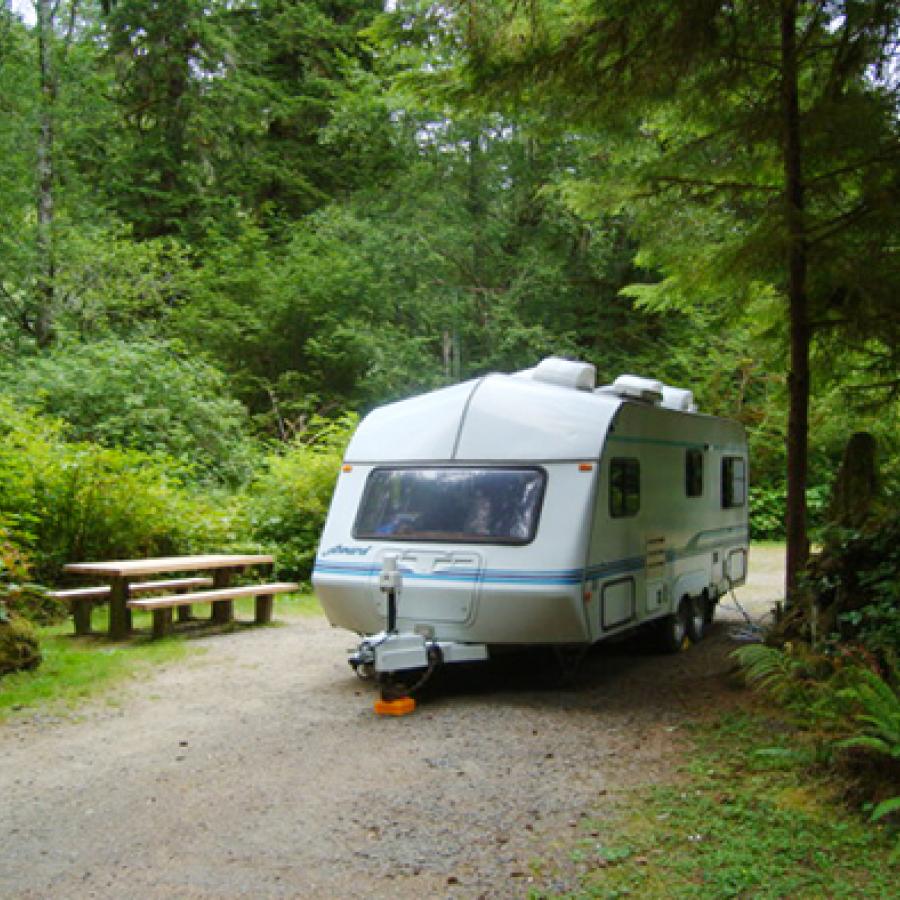 A camper in one of the campsites at Bogachiel State Park.
