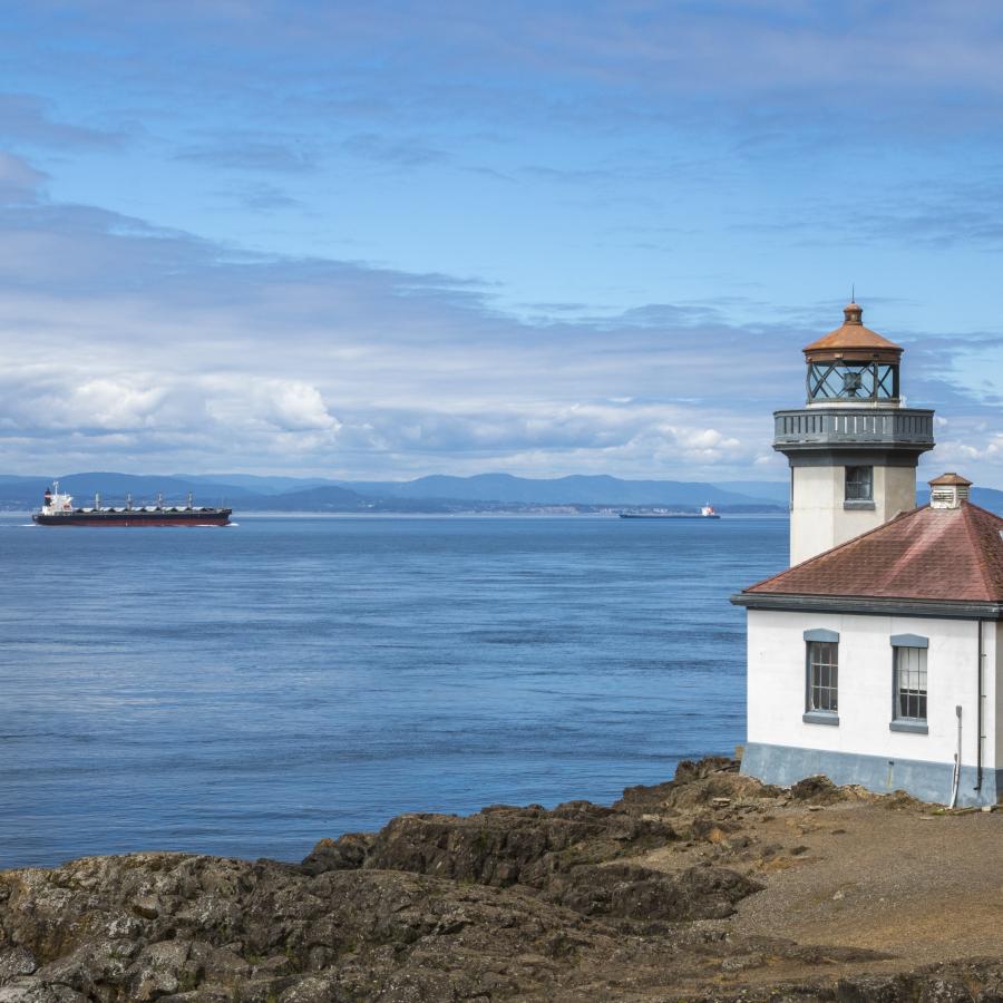Small lighthouse sides on the edge of a rock cliff shoreline as two cargo ships motors by in the distance. A cloudy, blue ski meets a distant mountain range behind the ships. 