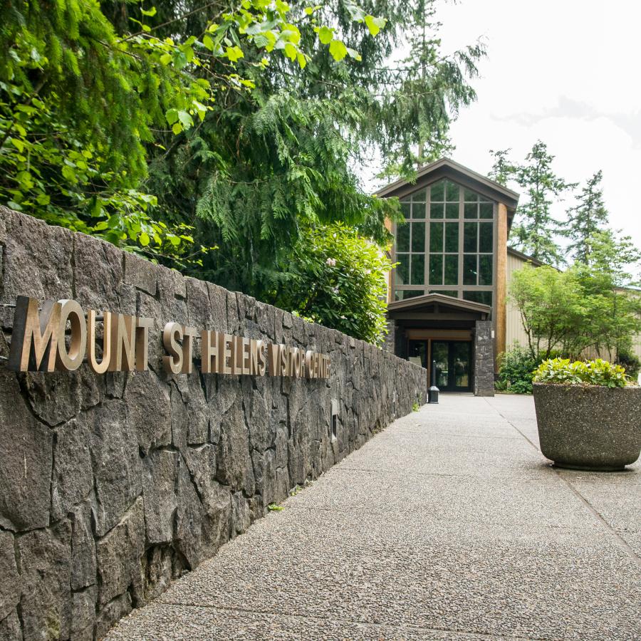 rock wall metal lettering sign Mount St Helens Visitor Center