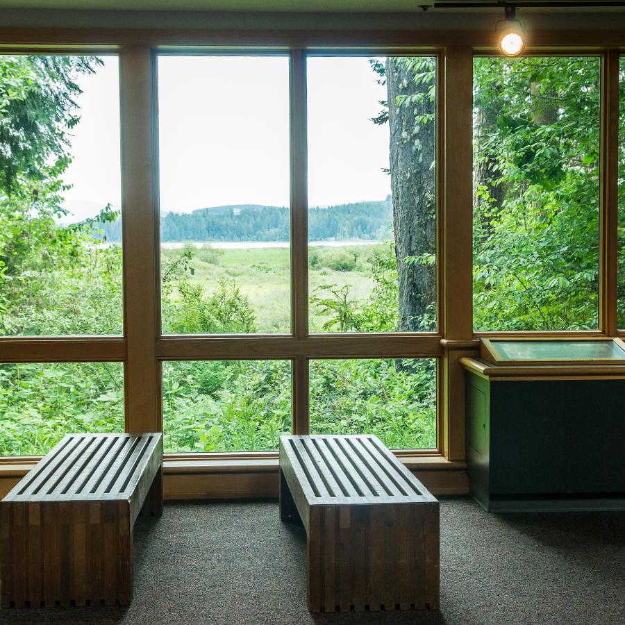 large windows inside with view of Mount St Helens
