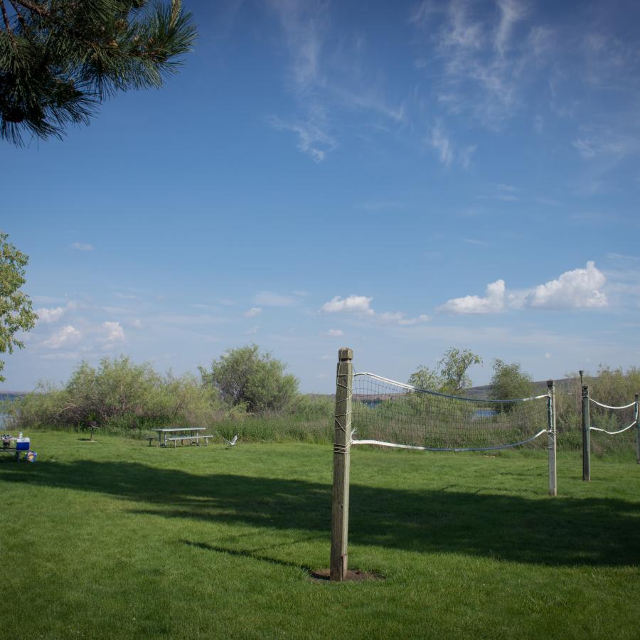 Two volleyball nets sit in a grass lawn with picnic tables in the background. Tall grass and whispy shrubs line the lawn with green tree limbs poking into view; the lake and hillsides can be seen in the distance. 